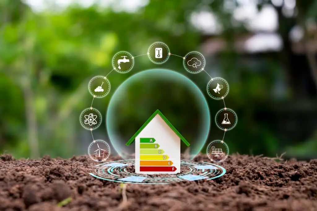 House model on land with clean energy icon. Eco-friendly house concept and energy-saving and eco-friendly house.