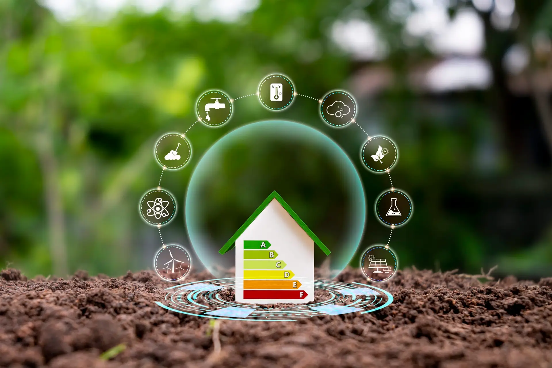 House model on land with clean energy icon. Eco-friendly house concept and energy-saving and eco-friendly house.